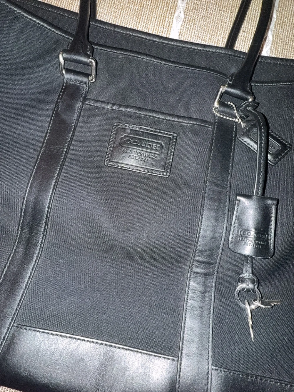 Coach Black Canvas Shoulder Tote with Leather Trim